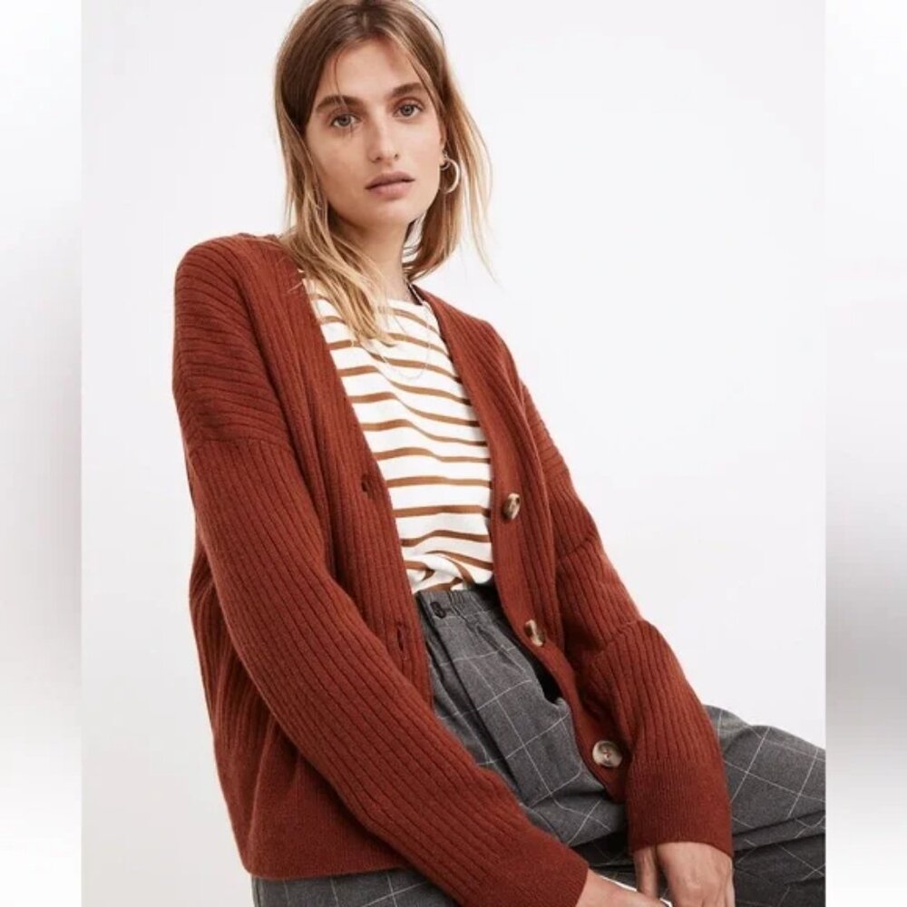MADEWELL XXS Burnished Mahogany Alpaca Merino Cameron Ribbed Cardigan